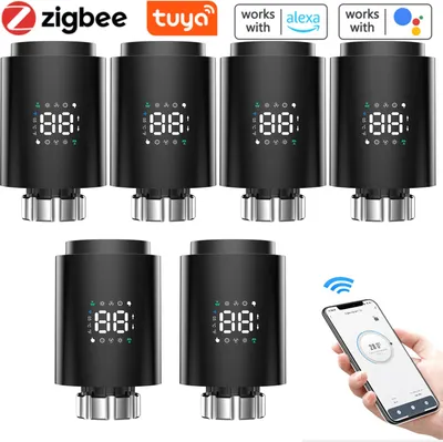 Produktbild von 6X Smart Heizkörperthermostate Thermostatventil Extrem leiser Schnellheiz Heizkoerperventil APP-Steuerung Kompatibel mit Alexa Google Assistant Kindersicherung Thermostat Heizung LED-Anzeige,Schwarz