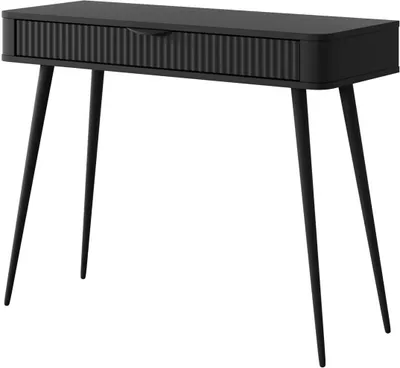 A black console table with a fluted drawer front and thin legs, shown against a white background.