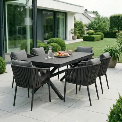 Produktbild von Gartenmöbelset ISOLA mit 1 Tisch und 6 Stühlen, inkl. Sitzkissen, Tisch und Stühle aus Alu, bespannt mit Rope, Tischplatte aus WPC schwarz, Terassenmöbel.