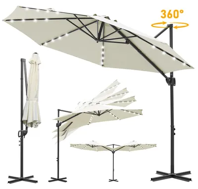 Produktbild von Ikodm Gartenschirm 3m Beige, Ampelschirm mit 28 LED, 360° drehbar & 0–60° neigbar, UV50+ wasserabweisend, Kurbelschirm wasserabweisend