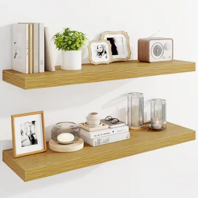Image de Étagères murales flottantes, étagères en bois avec supports invisibles, lot de 2, 91 cm, chêne naturel