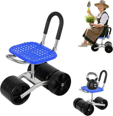 Produktbild von Dreiradiger Gartensitz mit Rollen, 360°-Schwenkfunktion und Höhenverstellung, mit Werkzeugablage für Gärtner und Senioren bei der Gartenarbeit