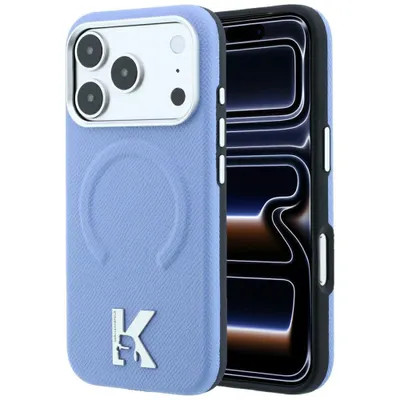 Image de Coque pour iPhone 17 Pro Max / iPhone 18 Pro Max, design Karl Lagerfeld, en simili cuir bleu avec logo argenté en relief, compatible MagSafe