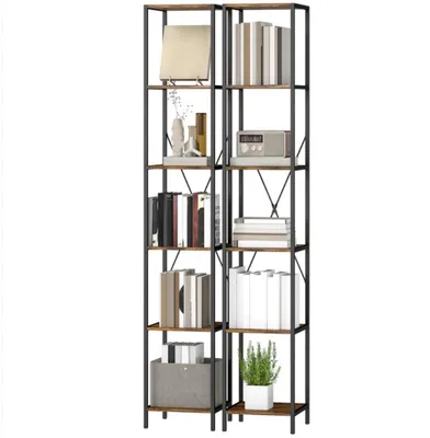 Produktbild von 2er-Set Bücherregal, 6-Ebenen Bücherregal Stahlrahmen, für Wohnzimmer, Büro, Schlafzimmer,Braun