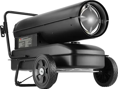 A black kerosene/diesel heater with wheels and a handle, shown from a side-angle on a white background.