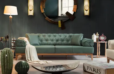 Image de Canapé Chesterfield, 3 places, vert, revêtement textile, structure en bois, 220 cm