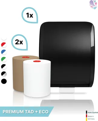 Produktbild von Handtuchrollenspender Autocut, Blanc Cosmos verschied. Farben + 1 Rolle PREMIUM TAD + 1 Rolle ECO Natural - PRODUKTSET : Farbe - Schwarz Farbe: Schwarz