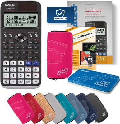 Produktbild von Casio FX-991 DE X Taschenrechner mit Tasche pink, Folie, Fachbuch und Zirkel Set