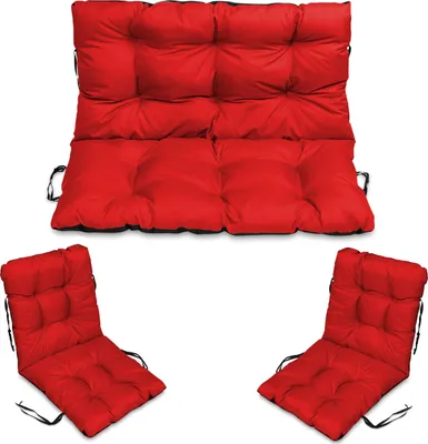 A set of red cushions for a bench and chairs, displayed on a white background.