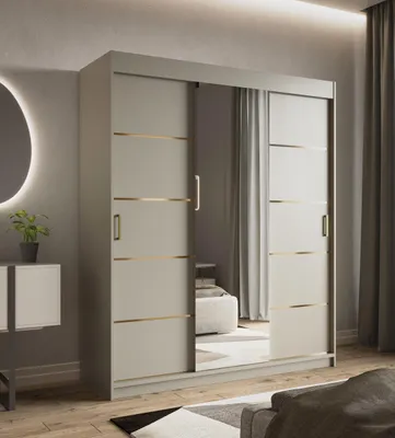 Zdjęcie produktu dla Nowość, szafa przesuwna 180cm KASZMIR1 - złote dodatki, w komplecie z półkami, drążkiem, nowy poziom elegancji