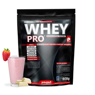 Produktbild von Prosport WHEY PRO® Whey Protein Pulver – Strawberry White-Choc 908g – Konzentrat-Isolat-Mix, Eiweißpulver mit Zink, Vitamin B6 & EAAs, Protein Shake für Muskelaufbau