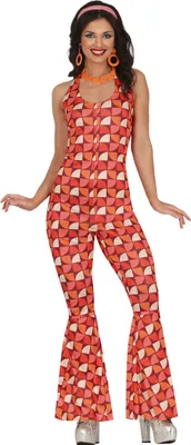 Produktbild von Disco Kostüm 70er Jahre Retro Overall Party Karneval Schlaghosen Vintage Glamour Rot, Größe: 38 - 40 (M) Farbe: Orange