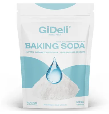 A bag of baking soda with a water drop graphic.
