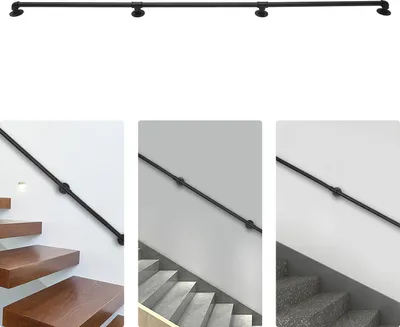 Collage of images showing black handrails for stairs installed on walls and next to staircases.