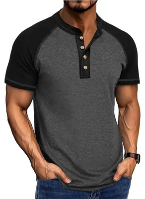 Productafbeelding van Henley Shirt Heren - Korte Mouwen - Slim Fit - Donkergrijs met zwart