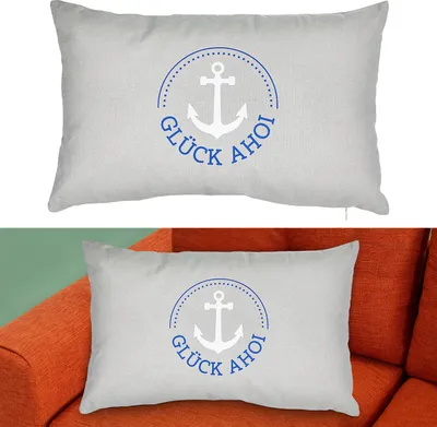 Produktbild von Kissen 'Glück Ahoi' 50x30cm grau blau weiß Baumwolle Polyester 280g Füllung Sofakissen Kuschelkissen maritim