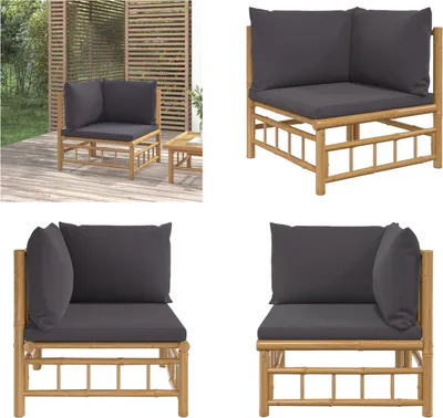 Produktbild von vidaXL Garten Ecksofa mit Dunkelgrauen Kissen Bambus - Garten Ecksofa - Garten Ecksofas - Outdoor Ecksofa - Ecksofa Terrasse