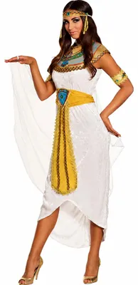 Weiß-goldenes Cleopatra Kostüm Anuket für Damen mit asymmetrischem Kleid, Tüllumhang, Schmuckkragen und Kopfschmuck.