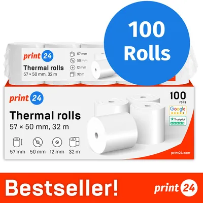 Image de NOUVEAU : rouleaux thermiques print24 / rouleaux de caisse, 100 rouleaux, 57 mm x 50 mm x 12 mm, 32 m, s PEFC, pour EPSON, IBM et bien d'autres encore.