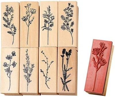 Productafbeelding van Houten stempelset, 8 stuks - Houten stempels - Bloemmotieven - Knutselaccessoires - Herbruikbaar - Geschikt voor adresboeken