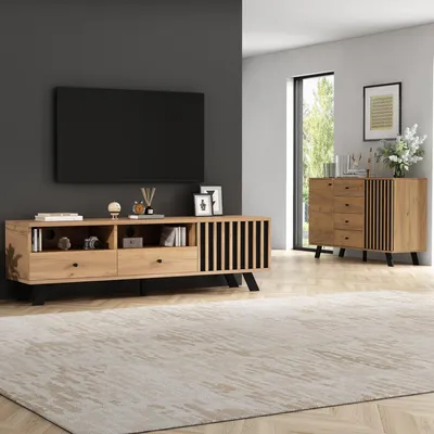 Imagen del producto de Conjunto de muebles para sala de estar Merax, que incluye un aparador de 120 cm y un mueble para televisión de 150 cm. Muebles para sala de estar con almacenamiento de 5 niveles, diseño en madera maciza, apto para televisores de hasta 60 pulgadas. Material: madera y color