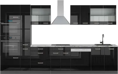 Zdjęcie produktu dla Szafka kuchenna Vicco R-Line Czarny/antracyt o wysokim połysku 350 cm z wysoką szafką, BP Marmur, Model 49828