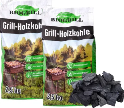 Produktbild von Der BIOGRILL Grill Holzkohle aus Buche/Eiche/Esche 5 kg (2,5+2,5 kg)- BBQ Kohle für Holzkohlegrill, Steakhouse –  Hartholz Grillkohle.
