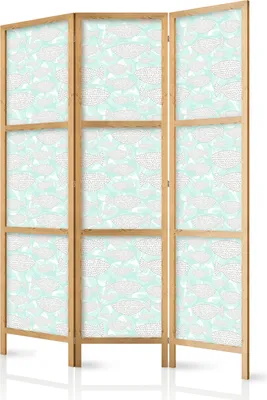 Produktbild von 3-teiliger Einseitiger Vlies Japanischer Paravent - Minimalist Fish - Fish from Gray Dots on the Crystal Clear Water Surface in Mint Green 135x172 cm Tiere g-C-10151-bh-a