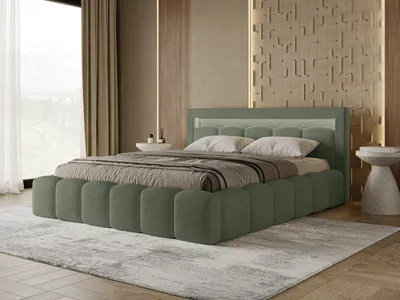 Produktbild von Chilly Möbel Design Bett Lumi - Polsterbett mit Bettkasten und LED-Beleuchtung 200x200 cm / Bouclé / Grün