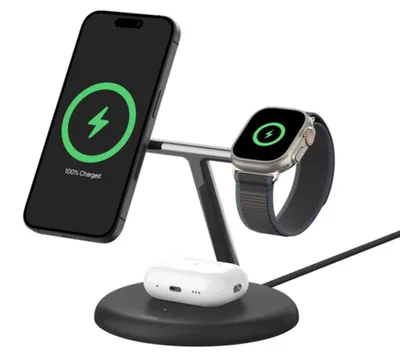 Productafbeelding van Draadloze oplader Qi2, 15W, geschikt voor Apple AirPods / Watch / iPhone, met MagSafe-functionaliteit, Belkin Boost, 3-in-1, zwart