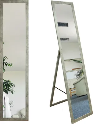 Two views of a tall, rectangular floor mirror with a distressed silver frame, one showing the mirror standing alone and the other showing it propped up by its stand.