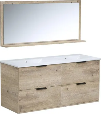 Image de Ensemble Meuble de Salle de Bain, 4 Tiroirs, Vasque, Miroir, 120 x 45 x 55 cm, BEVEL