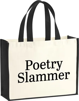 Produktbild von Huuraa Jutetasche Poetry Slammer Schriftzug 21 Liter Black Jute und Baumwolle Einkaufstasche Geschenkidee