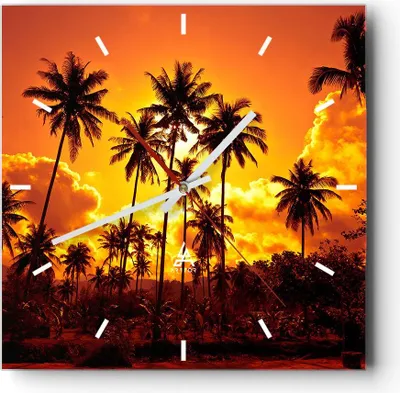 Produktbild von Wanduhr - Quadrat - Glasuhr - Palmen Bäume Sonne - 40x40cm - Schleichendes Uhrwerk - Lautlos - zum Aufhängen bereit - Dekoration Modern - Wanddekoration aus Glas - C3AC40x40-0187