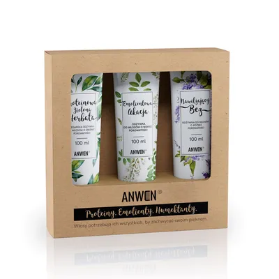 Zdjęcie produktu dla Anwen Zestaw Odżywek do włosów o niskiej porowatości Proteinowa Zielona Herbata, 100ml + Emolientowa Akcja, 100ml + Nawilżający Bez, 100ml