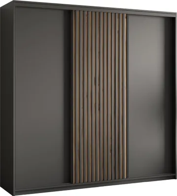 Produktbild von Masseno Schiebetürenschrank VONTE 200/205/60 cm Kleiderschrank mit Lamellen und Schubladen Schlafzimmer Schrank 3-türig Schwarz + Eiche Wotan