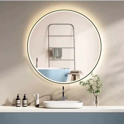 Zdjęcie produktu dla Lustro łazienkowe okrągłe LED 60 cm czarna rama oświetlenie