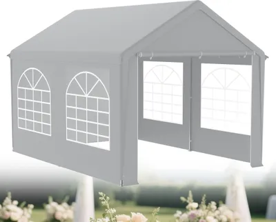 Image de LZQ Tente de réception 3x4 m imperméable avec protection UV 50+, pavillon avec parties latérales amovibles, bâche PE, stable & résistante aux intempéries - Gris - 12m²