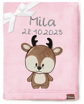 Image de Couverture pour bébé Be Mammy avec application 3D, brodée du prénom et de la date de naissance, 76 x 102 cm BE20-280 (rose poudré – cerf, 76 x 102 cm)