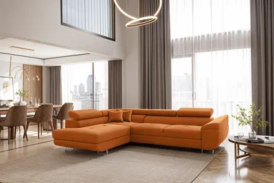 Image de Canapé d'angle FALIO en L avec fonction couchage, style moderne, pour salon et chambre Orange gauche