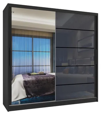 Produktbild von BELINI Verona MGB Schiebetürenschrank 200 cm Schwarz/Grau Hochglanz - Kleiderschrank mit Spiegel & 2 Schubladen, Schlafzimmer