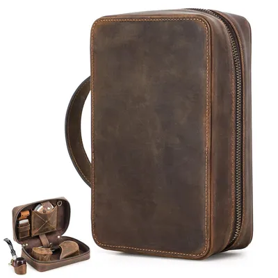 Produktbild von Zigarettenetuis,Rindsleder Tabaktasche,für 2 Pfeifen,mit klappbarem Halter,Pfeifen-Aufbewahrung für Rauchen,ideal für Reise,Alltag&Geschenkverpackung