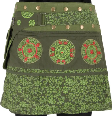 Produktbild von Wickelrock, Kurzer Rock, Cacheur, Mandala Patchworkrock - Olivgrün, Damen, Baumwolle, Röcke
