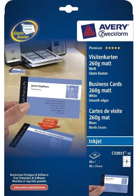 Produktbild von Avery Zweckform C32015-10 Visitenkarten, 85 x 54 mm, Inkjet-Spezialbeschichtung beidseitig - matt, 10 Blatt