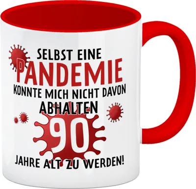 Produktbild von Witziger Kaffeebecher Rot für den 90. Geburtstag mit Motiv: Pandemie