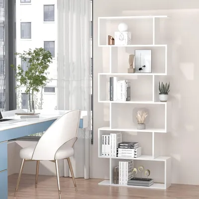 Image de Bibliothèque - Étagère à livres - Étagère murale - Meuble de rangement - Meuble à compartiments - Design en forme de S - Blanc - 80x23x192 cm