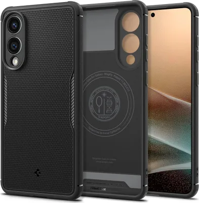 Three views of a black phone case are displayed against a white background.