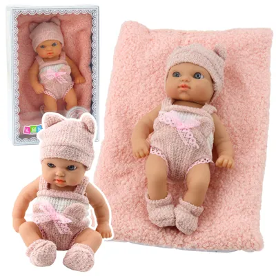 Productafbeelding van Babypop met deken wit en roze kledingmuts 18 cm
