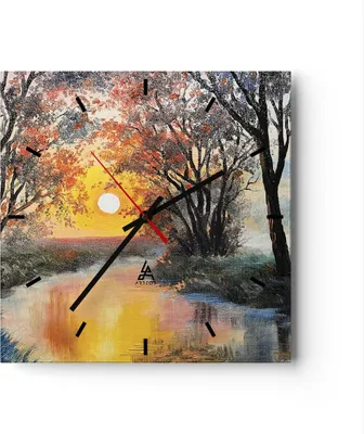 Produktbild von Wanduhr - Quadrat - Glasuhr - Fluss Sonne Bäume - 40x40cm - Schleichendes Uhrwerk - Lautlos - zum Aufhängen bereit - Dekoration Modern - Wanddekoration aus Glas - C3AC40x40-4190