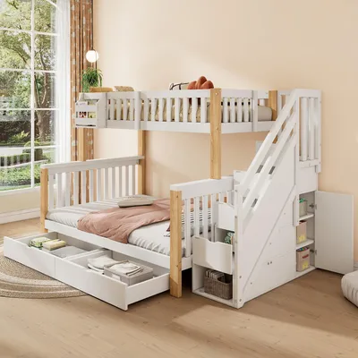 Obrázok produktu pre Postel s poschodím, rozmer 90x200 cm + 140x200 cm, s integrovanou skrinkou s rebríkom, zásuvkami, úložnými košmi a skrinami, roštom, vyrobená z masívneho dreva a MDF, farba: biela/prírodná